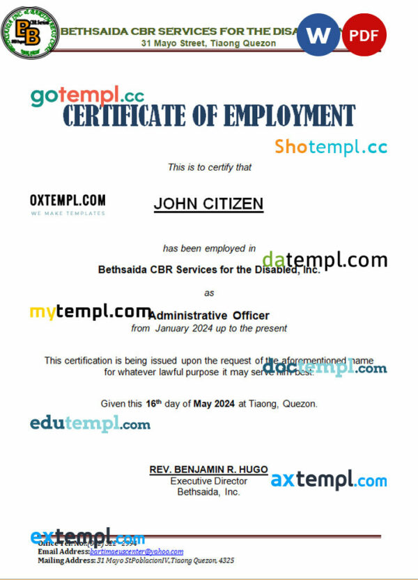 Philippines Bethsaida CBR Services for the Disabled, Inc. certificate of employment Word and PDF download template
