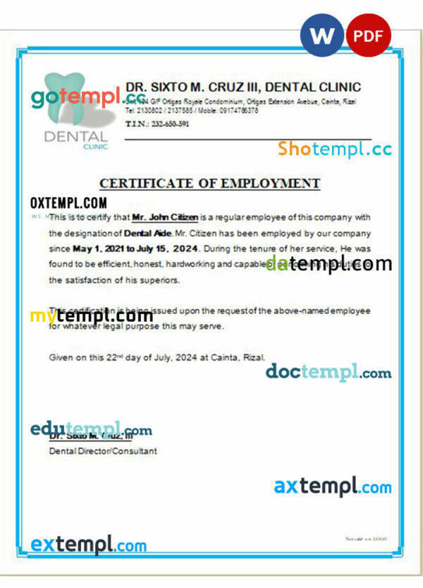 Philippines Dr. Sixto M. Cruz III, Dental Clinic certificate of employment Word and PDF download template