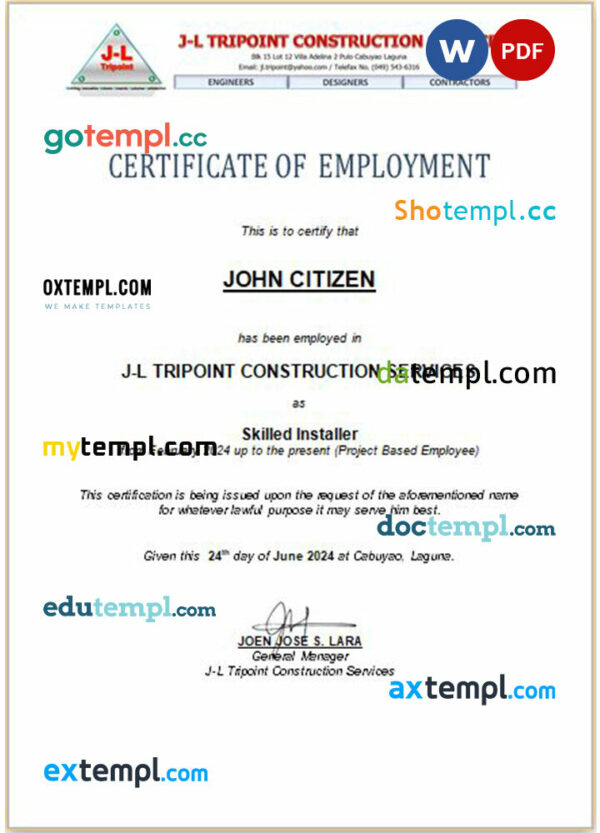 Philippines J-L Tripoint Construction Services certificate of employment Word and PDF download template