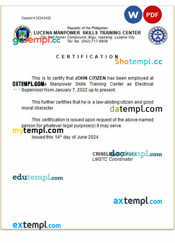 Philippines Lucena Manpower Skills Training Center certification of employment Word and PDF download template