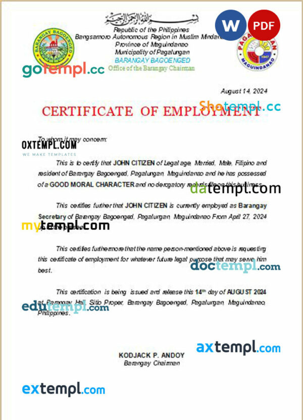 Philippines Office of the Barangay Chairman certificate of employment Word and PDF download template