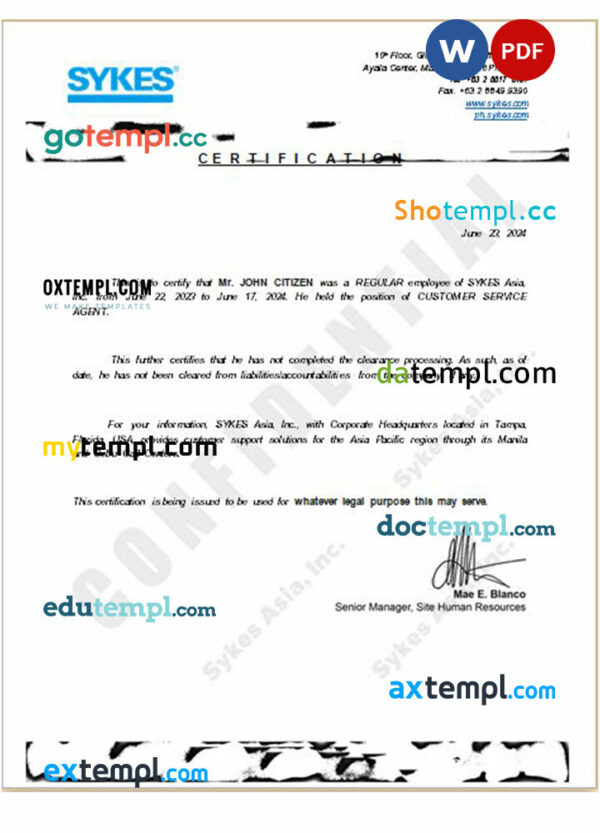 Philippines Sykes Asia Inc. certificate of employment Word and PDF download template