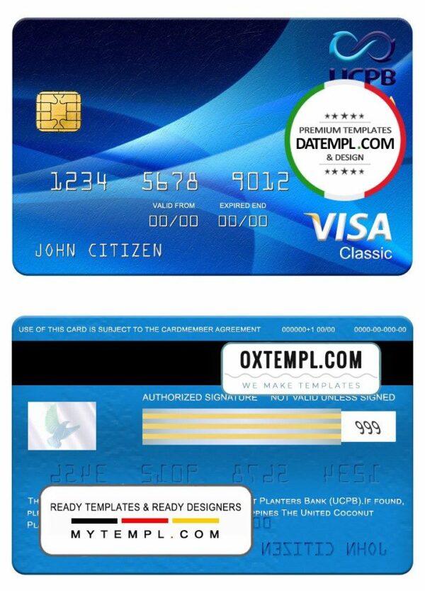 Filipino The United Coconut Planters Bank (UCPB) visa classic card, fully editable example in PSD format