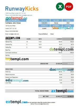 Runway Kicks company payslip example in Excel and PDF formats