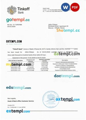 RUSSIA TINKOFF bank statement Word and PDF template