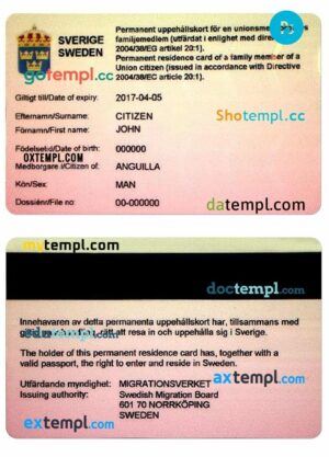 Swedish permanent residence card PSD example, with fonts