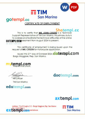 San Marino TIM certificate of employment Word and PDF download template