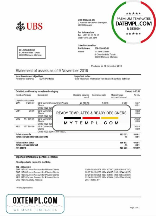 Monaco UBS bank proof of address statement template in Word and PDF format (.doc and .pdf)