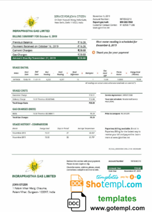 India Indraprastha Gas utility bill download example in Word and PDF format