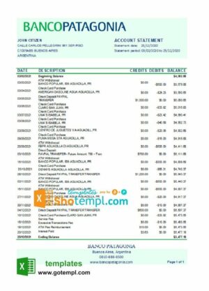 Argentina Banco Patagonia bank statement template in Excel and PDF format