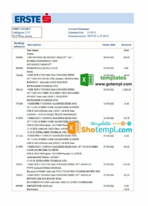 Austria Erste Group bank statement easy to fill template in Excel and PDF format