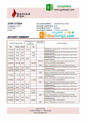 Austria BAWAG PSK bank statement easy to fill template in Excel and PDF format