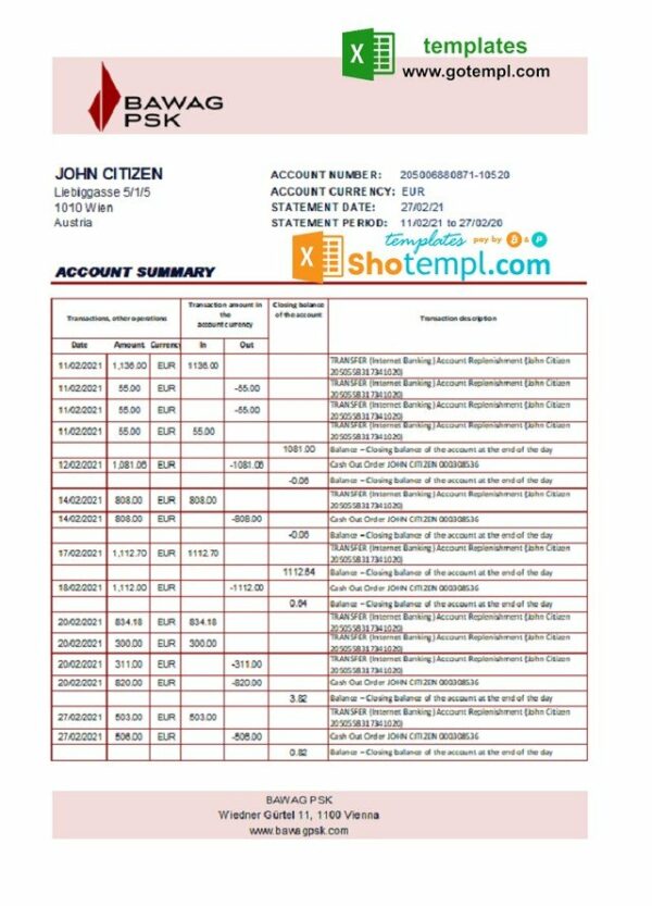 Austria BAWAG PSK bank statement easy to fill template in Excel and PDF format