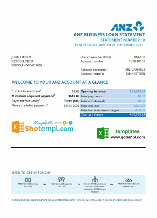 Australia ANZ proof of address bank statement template in .xls and .pdf format, fully editable