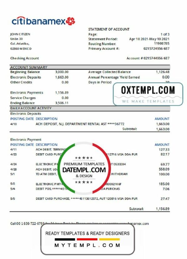 Mexico Citibanamex bank statement easy to fill template in .xls and .pdf file format