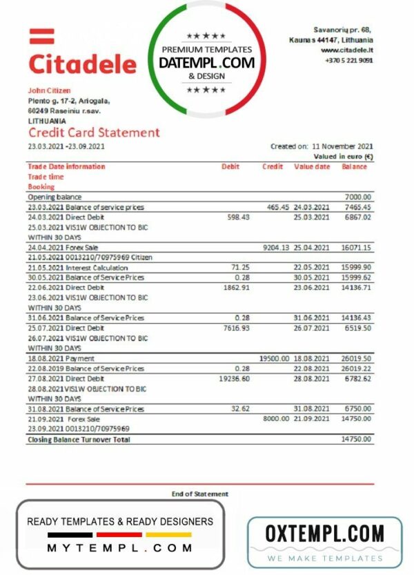 Lithuania (Litva) Citadele bank credit card statement template in Excel and PDF format