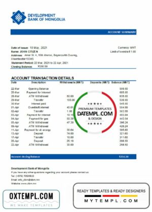 Mongolia Development Bank of Mongolia bank statement template in Word and PDF format