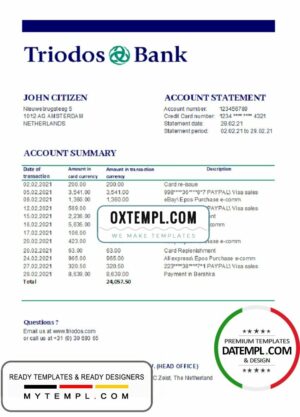 Netherlands Triodos Bank statement easy to fill template in Excel and PDF format