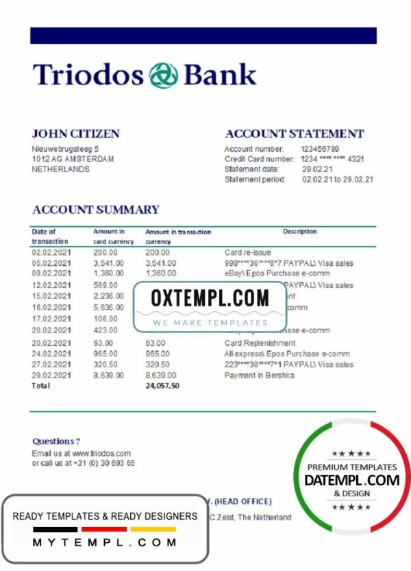 Netherlands Triodos Bank statement easy to fill template in Excel and PDF format