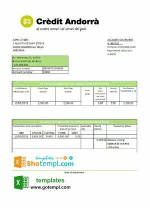 Andorra Credit Andorra bank statement template in Excel and PDF format