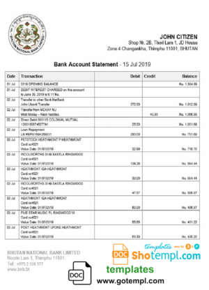 Bhutan National Bank proof of address statement template in Word and PDF format