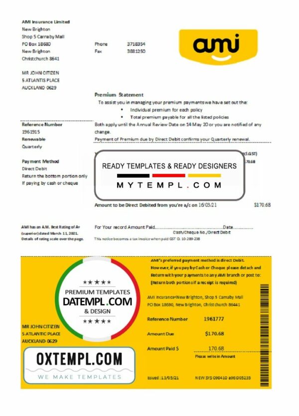 New Zealand AMI proof of address bank statement template, fully editable in PSD format