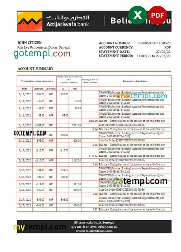Senegal Attijariwafa bank statement, Excel and PDF template