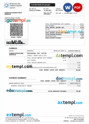Singapore KK Hospital tax invoice Word and PDF example