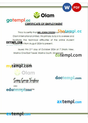 Singapore Olam International Limited certificate of employment Word and PDF download template