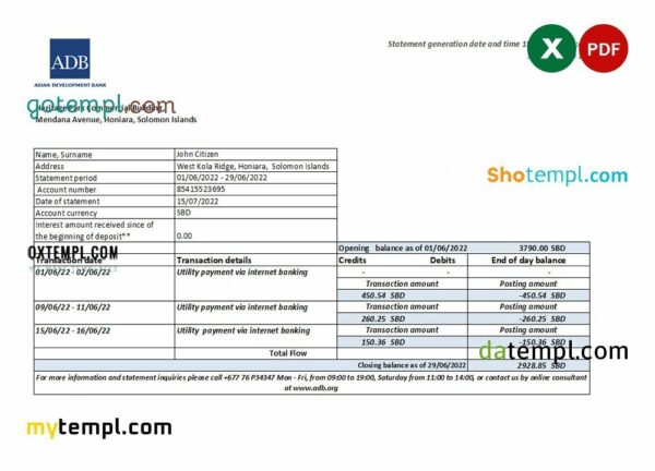 Solomon Islands ADB bank statement, Excel and PDF template