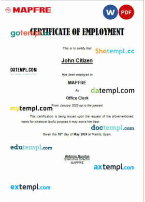 Spain Mapfre certificate of employment Word and PDF download template