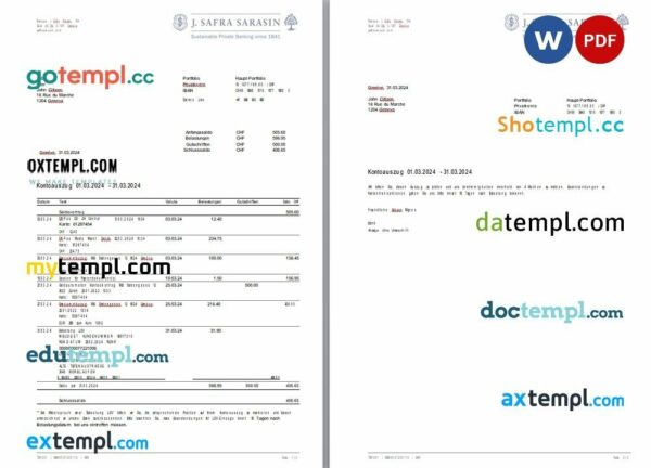 Switzerland Bank J. Safra Sarasin bank statement Word and PDF template, 2 pages