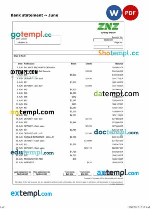 Sydney ZNZ bank statement Word and PDF template