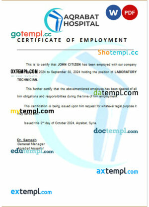 Syria Aqrabat Hospital certificate of employment Word and PDF download template