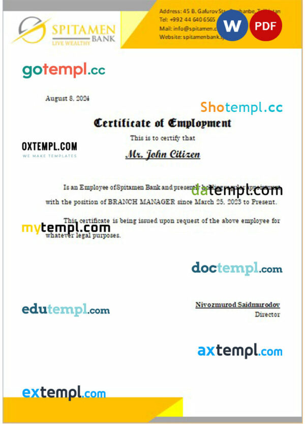 Tajikistan Spitamen Bank certificate of employment Word and PDF download template