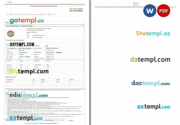 Telangana State Road Transport Corporation (TSRTC) bus ticket, Word and PDF download template