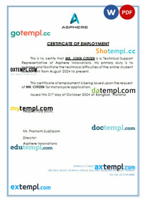 Thailand Asphere Innovations certificate of employment Word and PDF download template