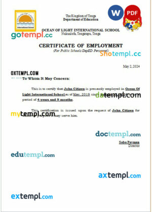 Tonga Ocean Of Light International School certificate of employment Word and PDF download template