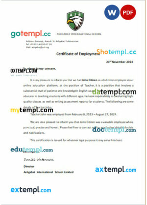 Turkmenistan Ashgabat International School certificate of employment Word and PDF download template