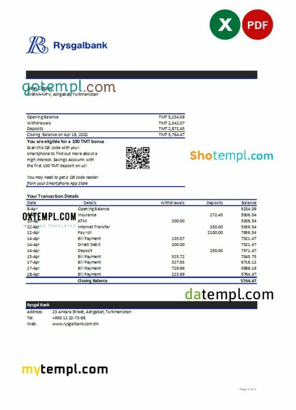 Turkmenistan Rysgal bank statement, Excel and PDF template