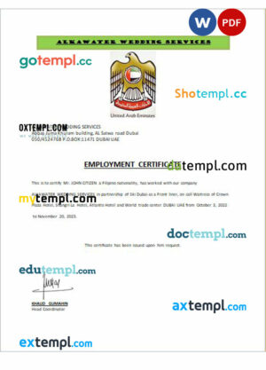 UAE Alkawater Wedding Services certificate of employment Word and PDF download template