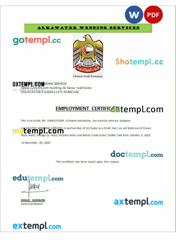 UAE Alkawater Wedding Services certificate of employment Word and PDF download template