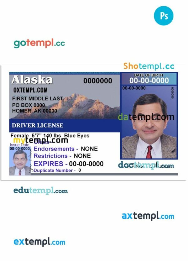 USA Alaska driver license download example in PSD format (front), version 2