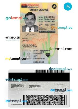 USA Arizona state vertical driving license editable PSD template, under 21, version 2