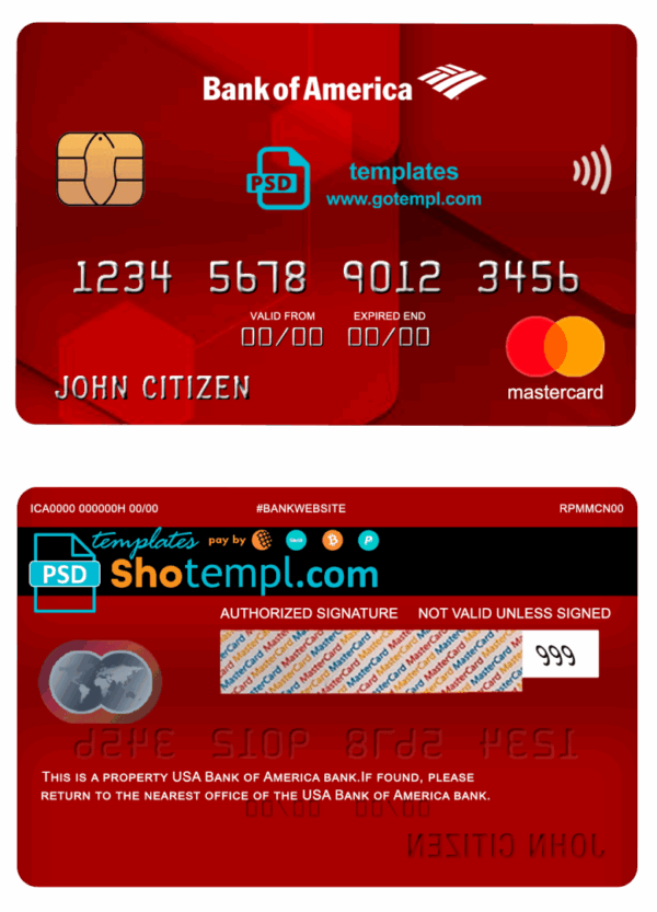 USA Bank of America bank mastercard fully editable example in PSD format