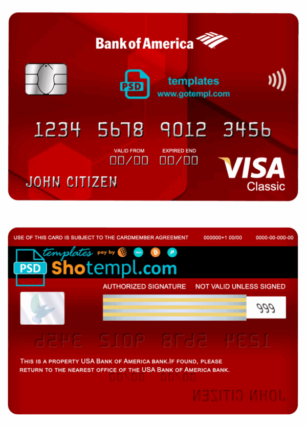 USA Bank of America bank visa classic card fully editable example in PSD format