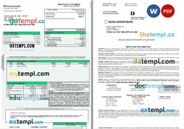 USA Dovenmuehle mortgage statement Word and PDF template, 3 pages