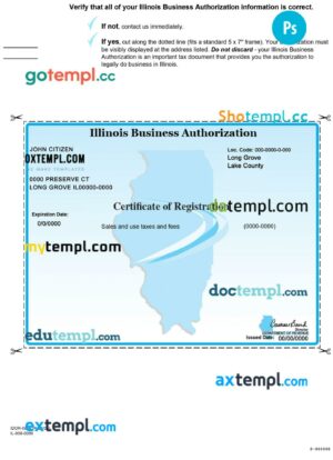 USA Illinois Business Authorization, Certificate of Registration PSD template, 2 pages