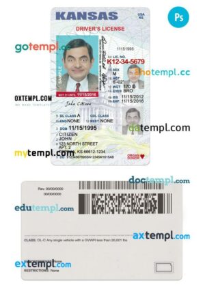 USA Kansas state vertical driving license editable PSD template, under 21