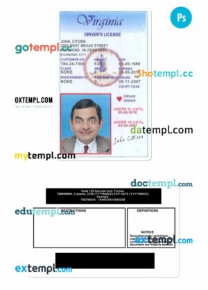 USA Virginia state vertical driving license editable PSD template, under 21